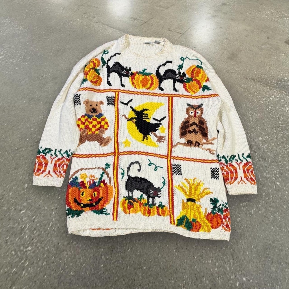 Vintage Honors Halloween Knit Sweater Womens Large White Black Cat Pumpkin Owl